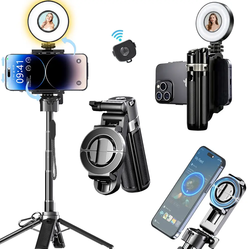 USfoture 6-in-1 Magnetic Mini 20.5'' Selfie Stick for iPhone with LED Light. Can Converts into Mini Tripod/Phone Camera Grip/Handheld Stabilizer/Phone Stand. Selfie Stick with Rechargable Remote