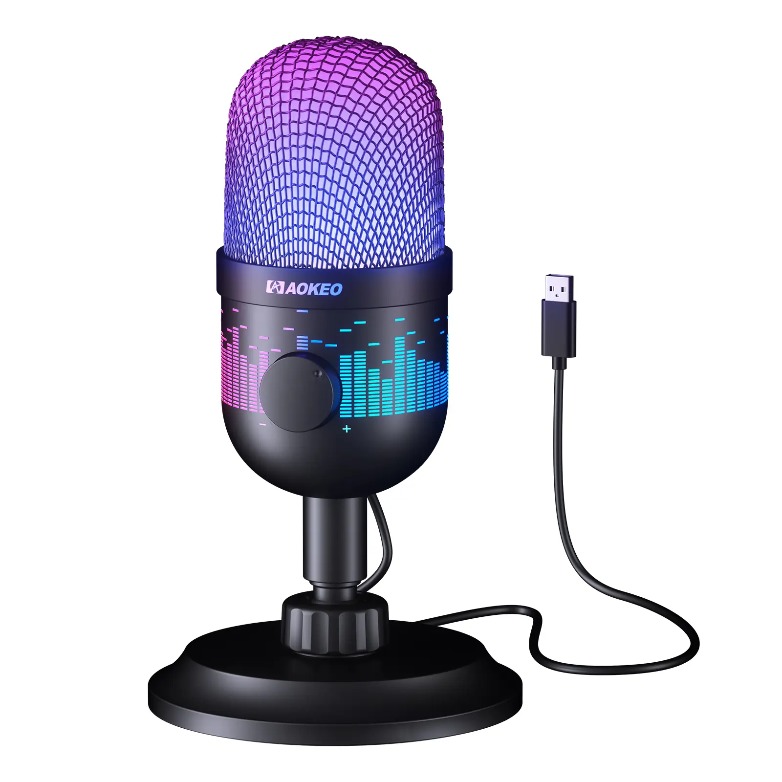 Aokeo Wired USB Unidirectional Condenser Gaming Microphone - Plug-and-Play, 192kHz/24bit Noise Reduction Audio, LED Light, RGB Light, Micro USB Cable, Compatible with PC, Laptop, Mac, PS4/5, Streaming, Studio Recording