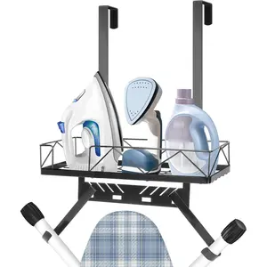 Ironing Board Hanger, Metal Over The Door or Wall Mounted Ironing Board Caddy Hanger, Ironing Board Storage Shelf with Adjustable Hooks for Laundry Room, Living Room, Bathroom (Matte Black)