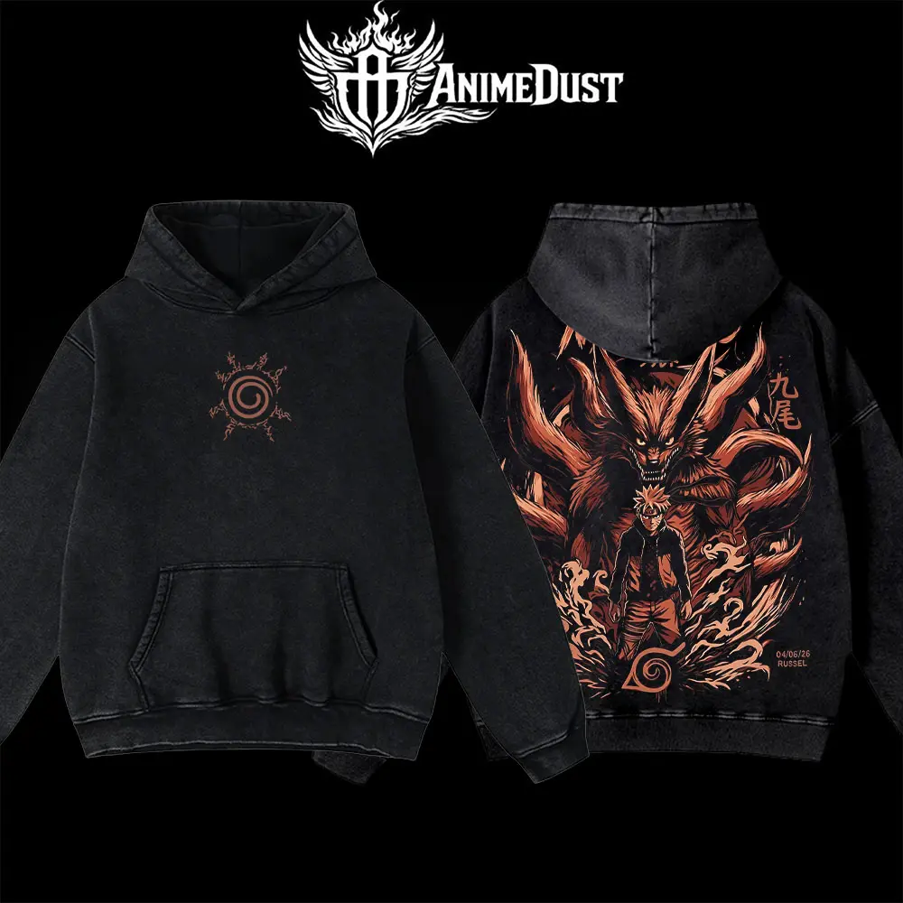 Kurama Dark Graphic Hoodie, Nine Tails Anime Streetwear Pullover, Vintage Washed Oversized