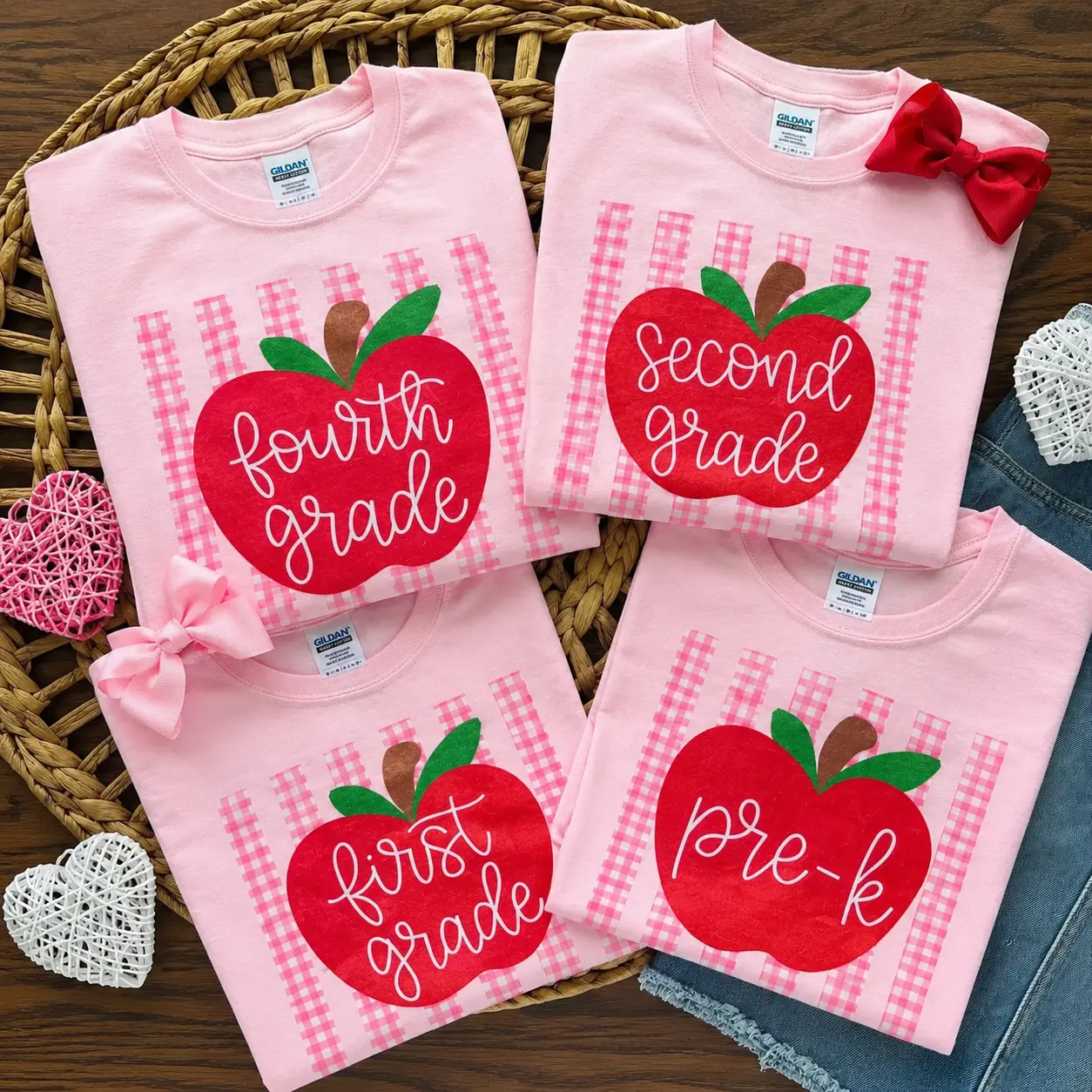 Pre-K First Second and Fourth Grade Apple Shirt, Pink Gingham Back to School T-Shirt, Cute Grade Level Student Tee, First Day of School Gift for Girls - JACKSON HOAI STORE, Gingham Print, Short Sleeve Tops