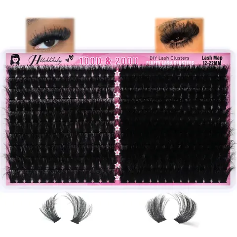 Hushlibaby Lightweight DIY Eyelashes Kit - Plant Fiber Lash Cluster, 100D+200D Mega Thick, 12-22mm Bold D-Curl Dramatic Lashes, 280 Pcs At-Home Application Gift
