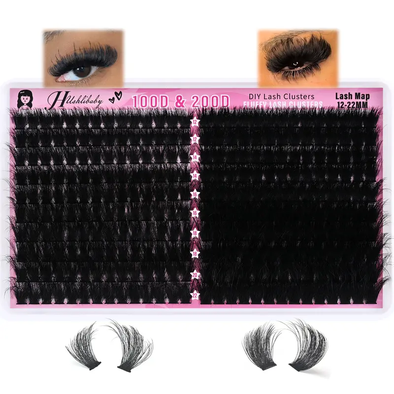 Hushlibaby Lightweight DIY Eyelashes Kit - Plant Fiber Lash Cluster, 100D+200D Mega Thick, 12-22mm Bold D-Curl Dramatic Lashes, 280 Pcs At-Home Application Gift