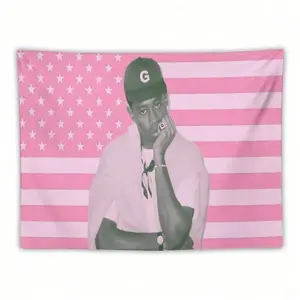 Tyler American Flag The Creator Wall Tapestry, Durable Decorative Tapestry, Pink And White Stars And Stripes Design, Polyester Banner For College Dorm Room Decor, Bedroom, Man Caves