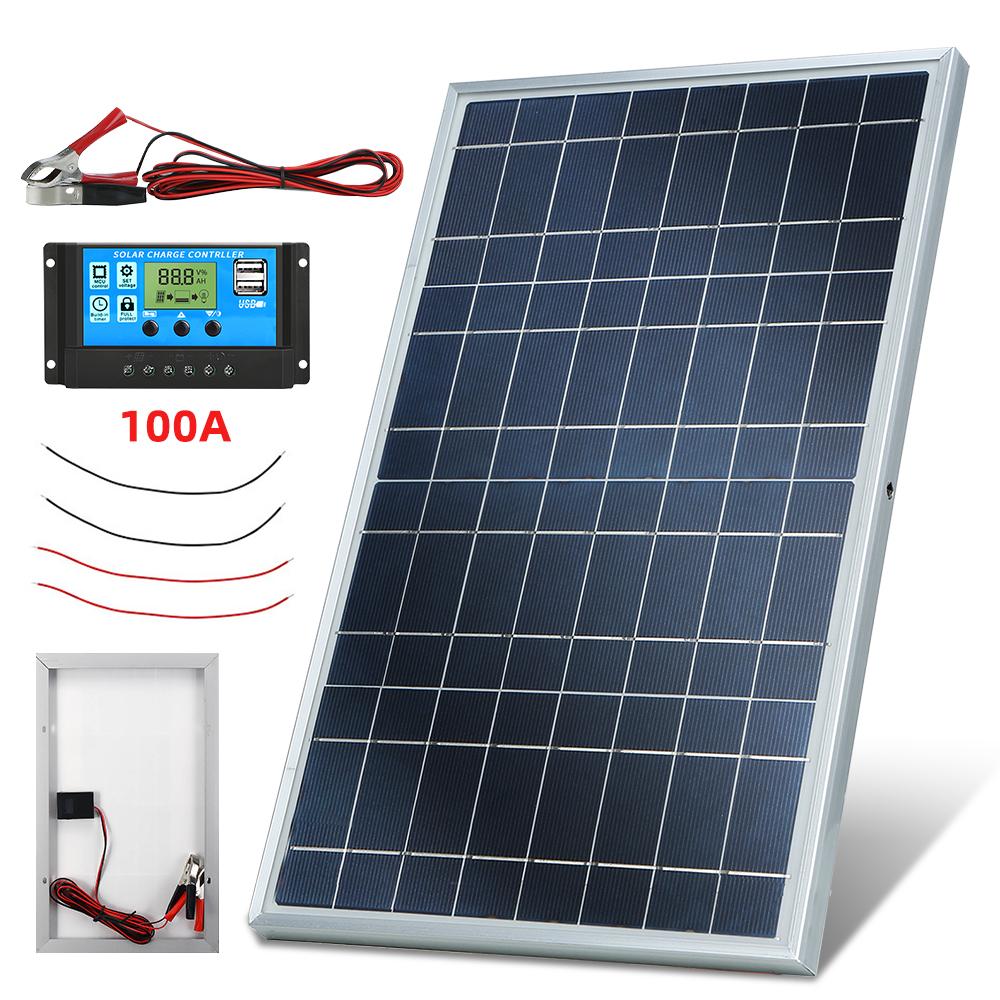 10W Portable Solar Panel Kit with 100A Controller, Multi-Crystalline 12V Battery Charger for RV Camping Home Backup, Complete Set with Cables