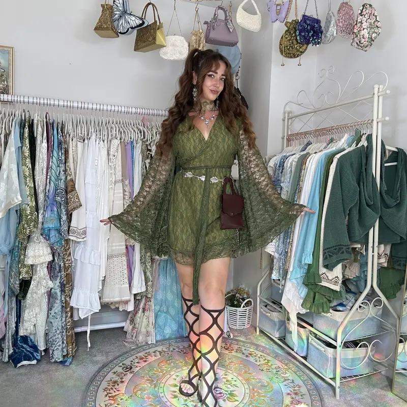 Women's Viscose Sheer Lace Wrap Casual Mini Dress - Bohemian 90s Flowy Ruffle Sleeve Piece, Vintage Witchy Fairy Outfit, Elegant Fabric Summer Wear