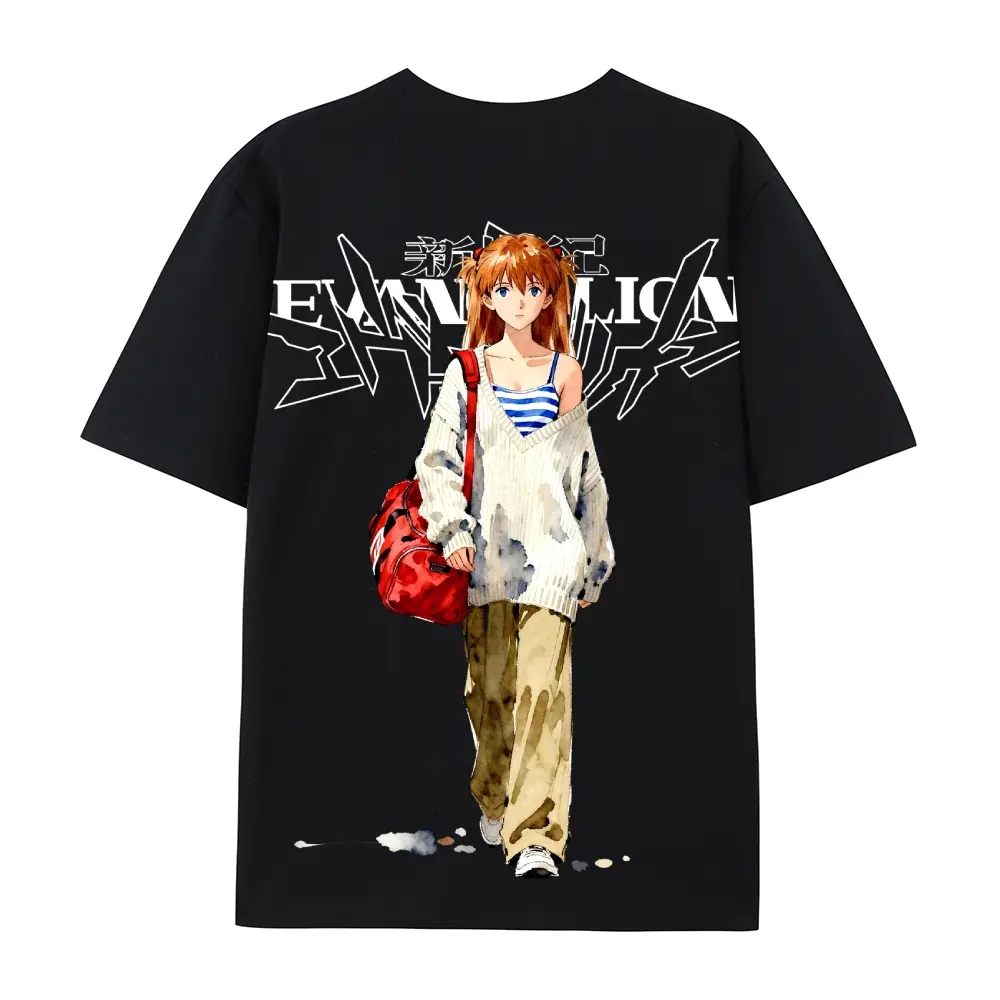 Menswear Oversized Short-Sleeve EVA Asuka Langley Anime Graphic T-Shirt, 100% Cotton Micro-Elastic Fashion Top, Unisex Retro Otaku Gift Streetwear Outfit, Shortsleeve