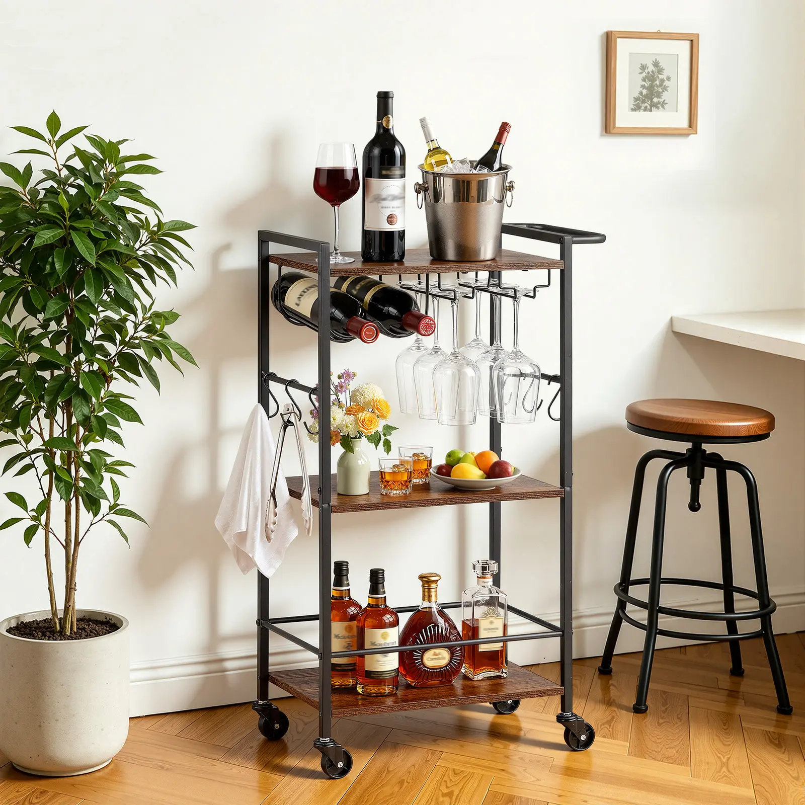 VEVOR Bar Cart, 3 Tiers Home Kitchen Serving Carts, Industrial Rolling Utility Station on Wheel, Mobile Drink Beverage Shelf with Wine Rack & Glass Holder, 20.08x11.02x33.07 in, Rustic Brown and Black#BacktoSchool