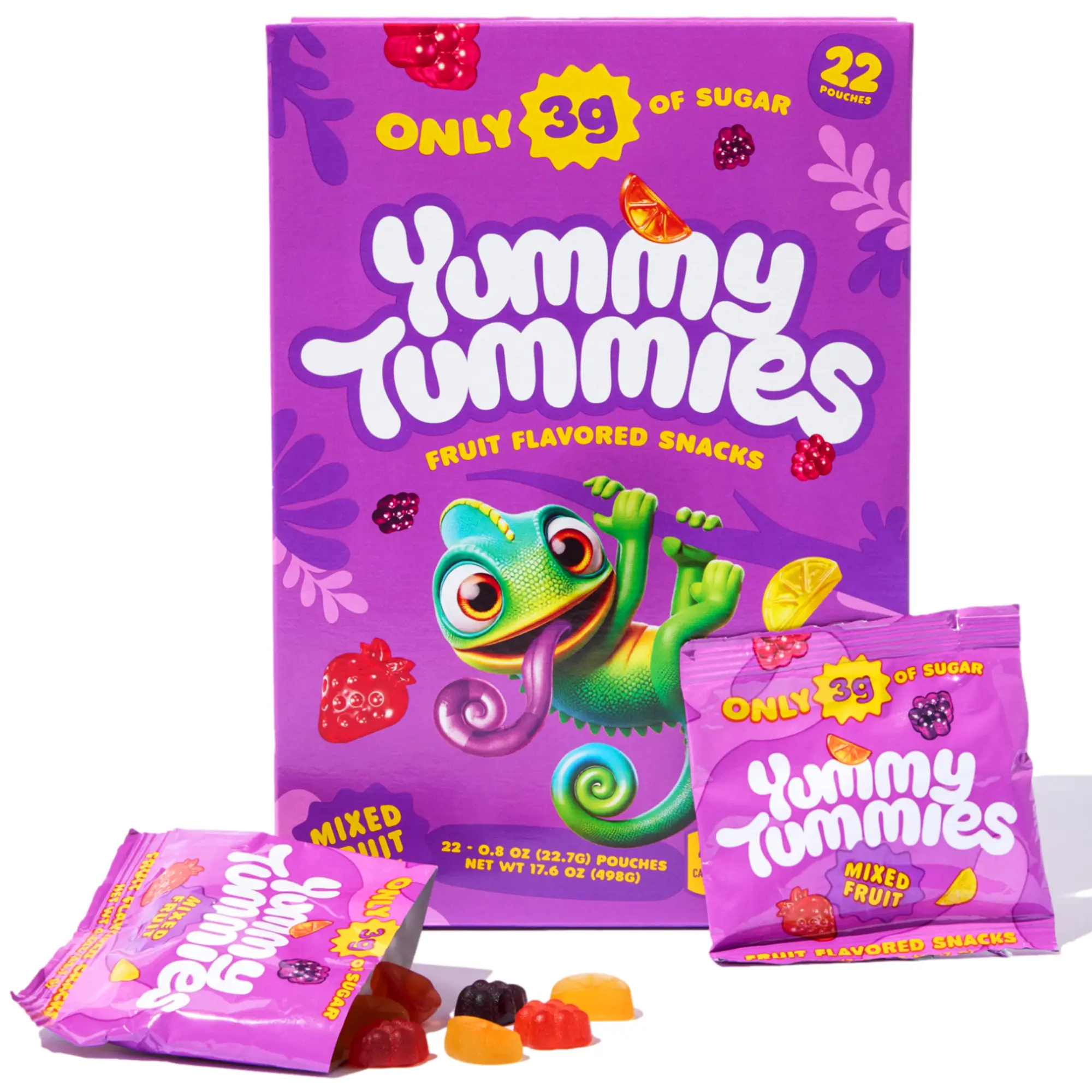 Yummy Tummies 22 Pack, 70% Less Sugar Fruit Snacks, Only 3g Sugar Per 0.8oz Pouch
