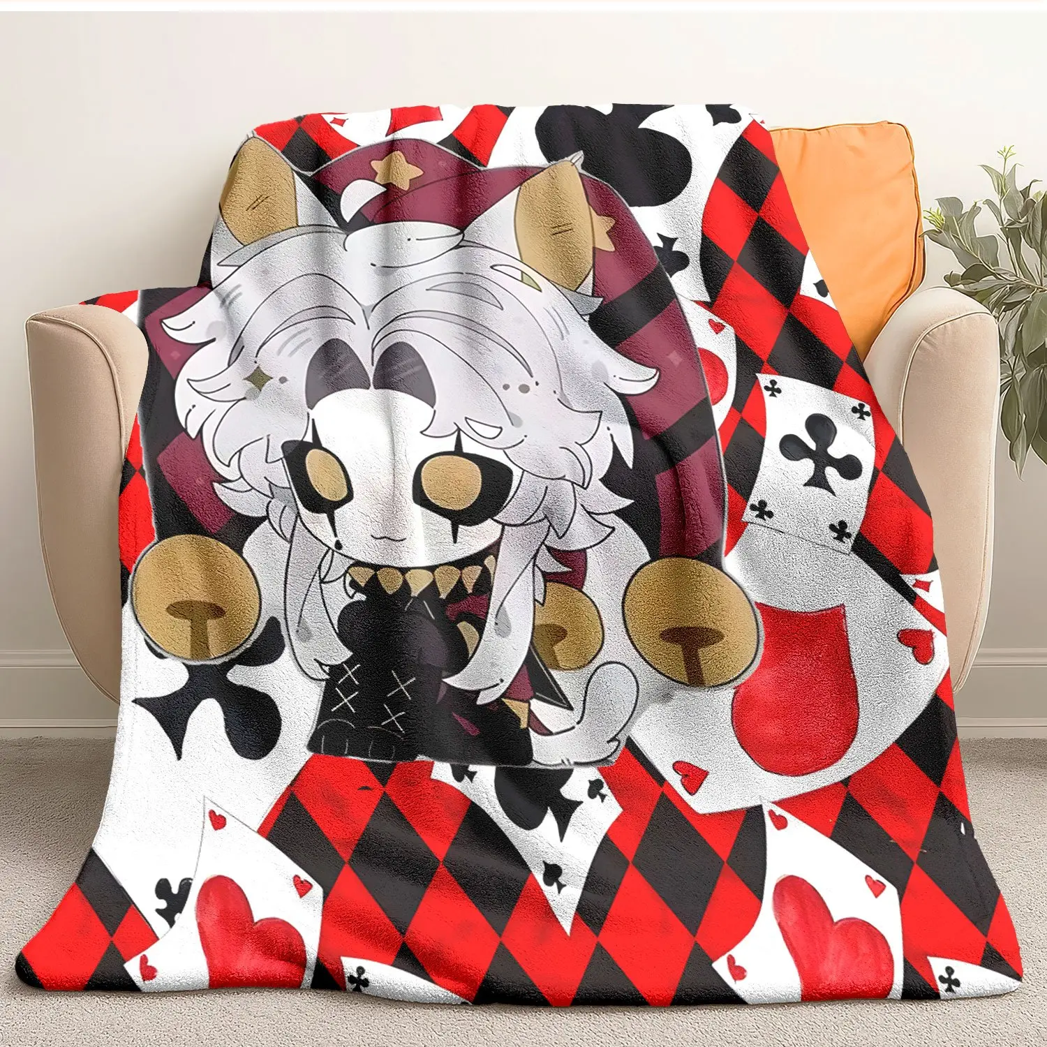 1pc The Freak Circus Anime Pierrot Character Blanket - Red & Black Checkerboard Plush Throw Suitable for All Seasons, Lightweight Machine Washable Suitable for Camping, Travel, Gifts for &, Outdoor Themed Bedspread for Use