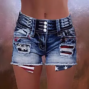 Women’s Distressed Denim Shorts, Y2K Low Rise Jean Shorts with Flag Patch Detail, Vintage Frayed Hem Summer Shorts