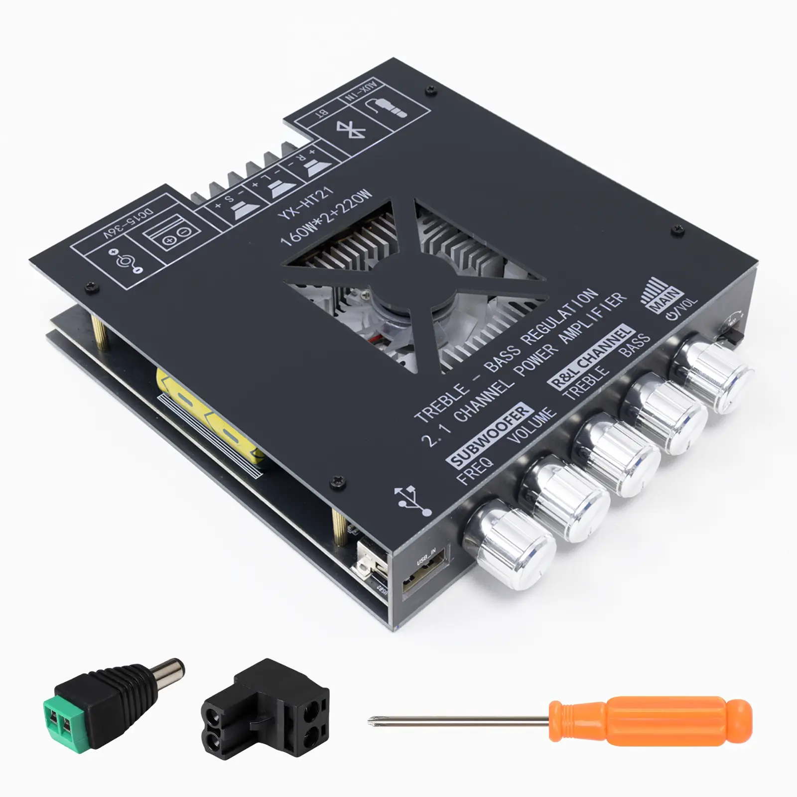 HT21 Upgraded 2.1 Channel Mini Wireless Stereo Audio Amplifier Board with TDA7498E Hi-Fi Chip, 160W×2+220W Power, BT/USB/AUX Inputs, Dual Expansion Ports, DC 15-36V for DIY Home Speaker Streaming