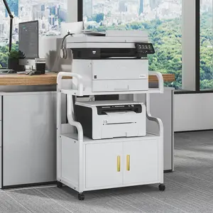 VELELO 2 Tier Large Printer Stand With Cabinet Power Outlet, Printer Table With Storage Shelf, Rolling Printer Cart With Wheels For Home Office