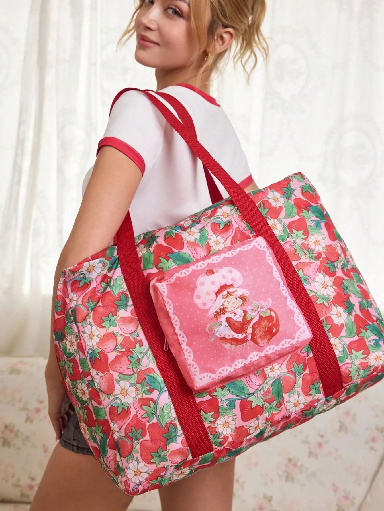Strawberry Shortcake Cute Cartoon Character Pattern Pastoral Tote Bag - High-Capacity Multi-Function Unisex Casual Travel Bag for Students, Sports, Daily Commutes
