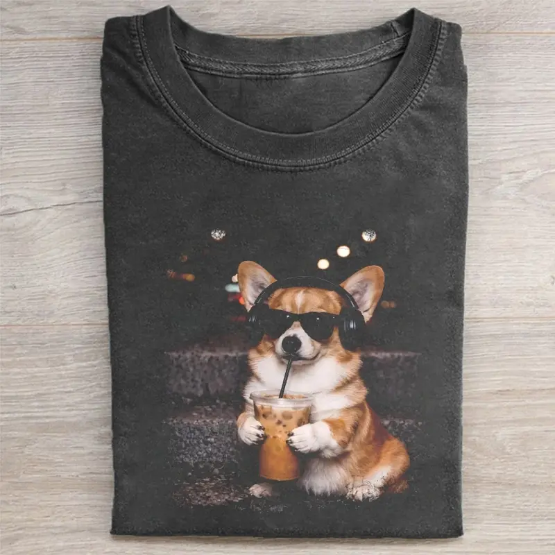 Comfort Colors Funny Corgi Drinking Iced Coffee 2 Tshirt, Vintage 90s Edgy Dog Meme Tee, Unisex Fit Design, Casual Streetwear, Gift for Dog Lovers