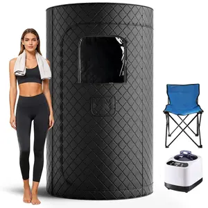 Syvio Portable Sauna Box for Relaxation, Detoxification, Steam Sauna Tent for Home with 3.0L Steamer, Folding Chair, Remote Control, Doormat, 9 Levels, 3.6' x 3.6' x 5.9', Circular