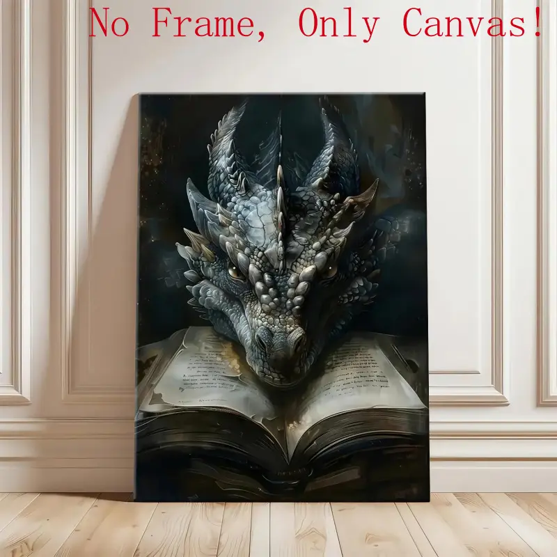 Unframed Waterproof Dark Academia Wood-Inspired Dragon Reading Canvas Poster Print - Dark Aesthetic Wall Decoration with Plaid, Polka Dot, Houndstooth Accents for Fantasy Book Lovers, Suitable for Wardrobe, Marble-Themed Spaces, Balcony, Kid Room, Multi-S