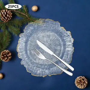 CNCEST 25-Piece 12.6-Inch Gold Rim PS Plastic Charger Plates with Flower Edge - Reusable Tableware for Weddings, Banquets