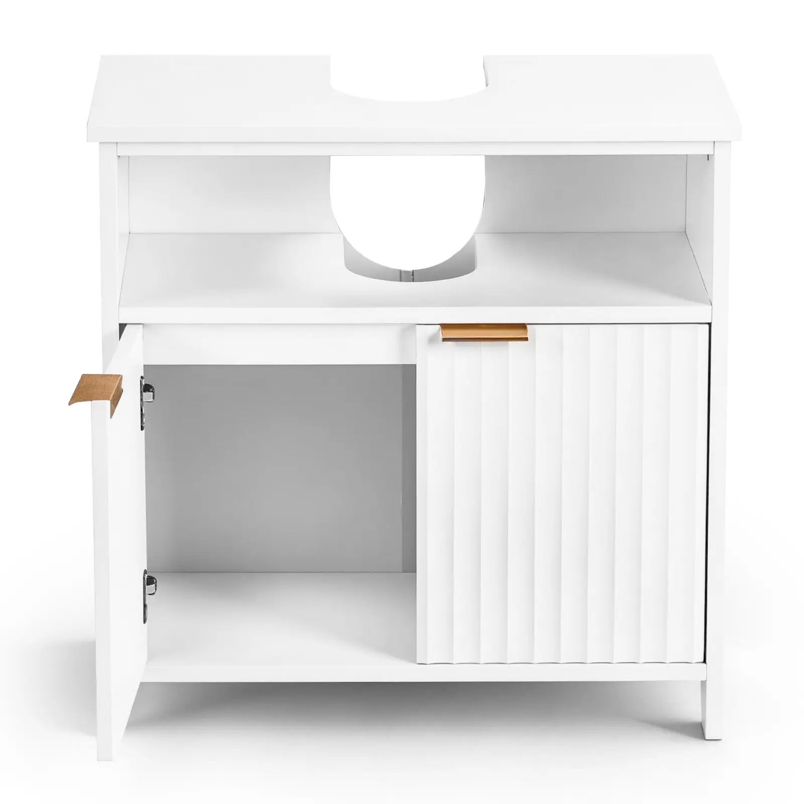 60x30x60cm White Modern Grille Design Bathroom Vanity Cabinet, 2-Door Under Sink Storage Unit, Waterproof Scratch-Resistant Melamine Surface, Bath Storage Solutions