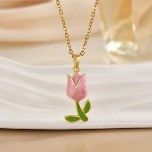 Gold-Tone Tulip Necklace for Women Tulip Flower Pendant Necklace Delicate Pink Tulip Necklace Bridesmaid Friendship Jewelry