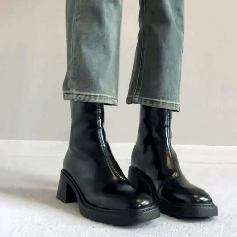 Women's Elegant Chunky Cuban Block Heel Ankle Boots - Retro Round Toe Design, PU Gloss Synthetic Fabric, Back Zipper, Slip Resistant Rubber Sole, Plain Casual Party Footwear