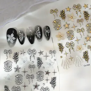 Bow Rhinestone Nail Art, Ice Flower Design, & Silver Color Butterfly Embellishments, DIY Y2K Style Co-254 Nail Sticker Template Sheet