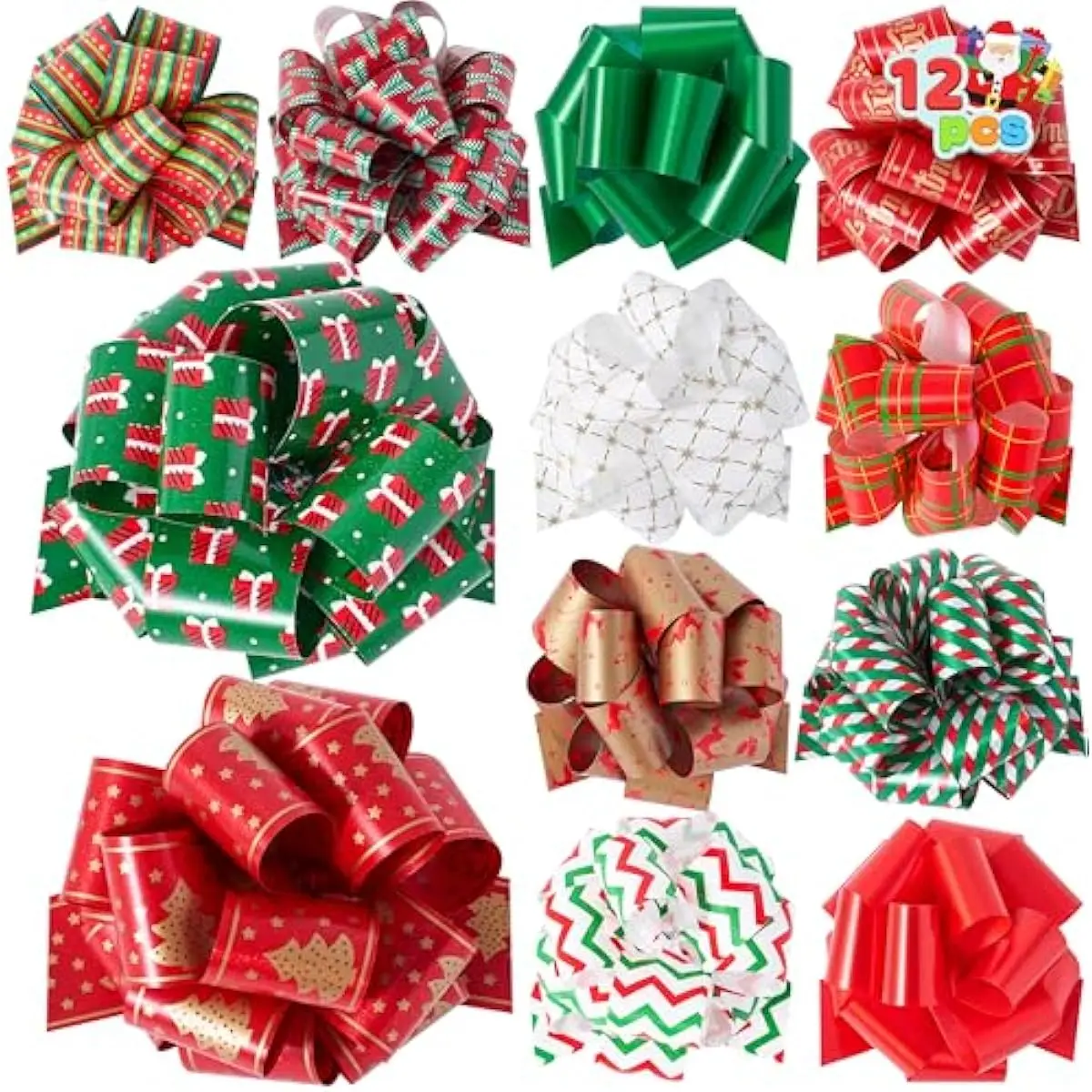 12 PCS Christmas Pull Bows, 5" Wide Wrapping Bows for Christmas Decoration Present, Wrapping Gift, Baskets, Wine Bottles Decoration, Xmas Gift Tags and Decoration Present