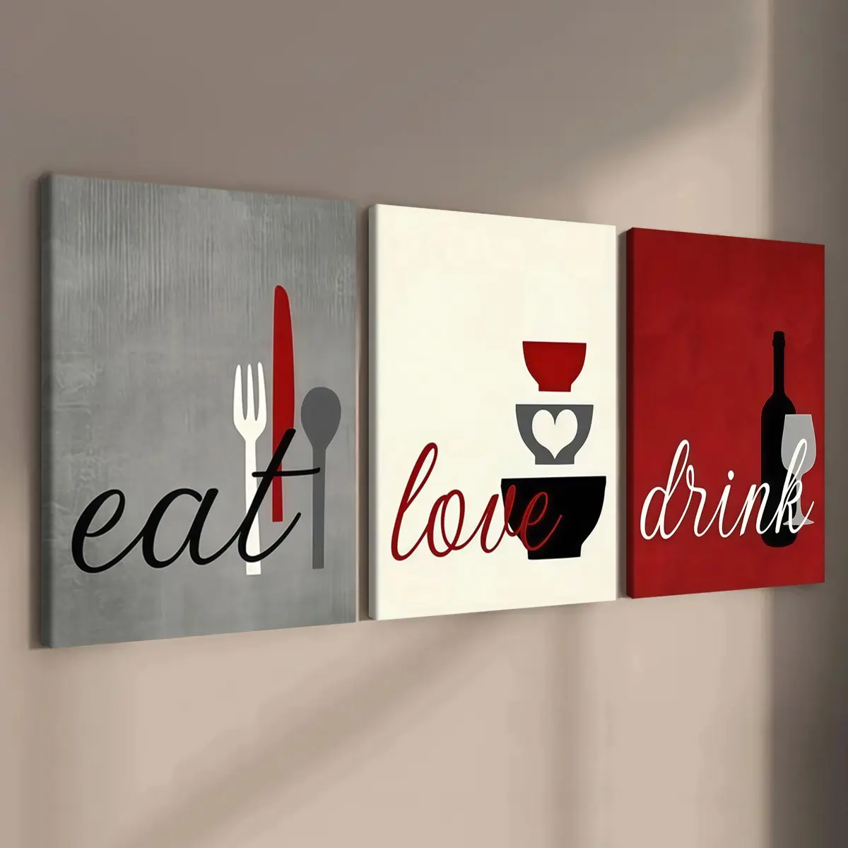 3-count wooden frame canvas, Western wall art, Wall Decor Set, Aesthetic Wall Decor, Art Work For Wall Decor, eat love drink restaurant three-panel decorative poster, kitchen and dining room decoration, modern home decoration