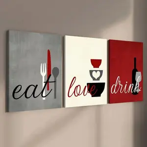 3-count wooden frame canvas, Western wall art, Wall Decor Set, eat love drink restaurant three-panel decorative poster, warm atmosphere kitchen and dining room decoration, modern home decoration, suitable for bedroom, living room decoration