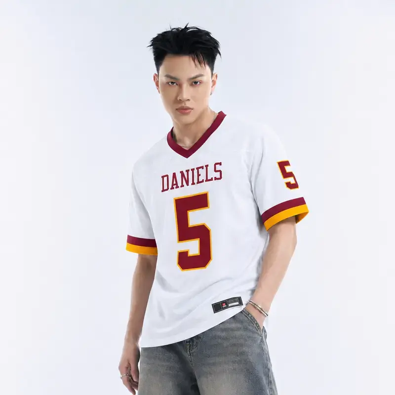 Jayden Daniels No. 5 game jersey (white/black/maroon), patterned sports jersey (customizable number), game-day apparel, lightweight and breathable material.