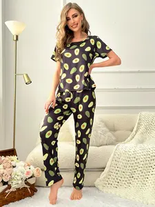 Summer All Over Avocado Print Pajama Set Women Short Sleeve Top & Long Pants Soft Lightweight 2 Piece Lounge Set Casual Home Sleepwear