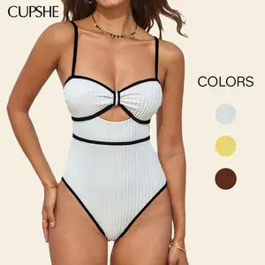 CUPSHE Old Money Aesthetic Ribbed One-Piece Swimsuit | Chic Contrast Piping Knotted Cutout Bathing Suit swimwear | Vintage Nautical Style Monokini for Beach Holiday Bathing suit #tiktokshopmemorialday