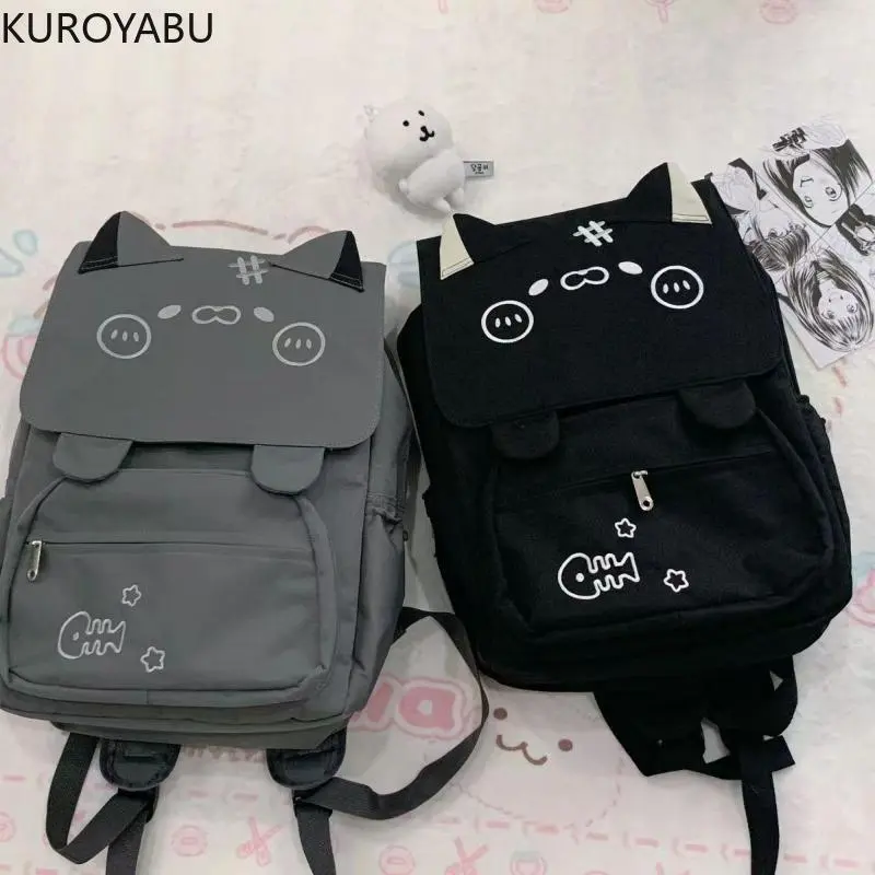 Women's Cute Cat Embroidery Canvas Backpack, 38*32*10cm Large Capacity School Laptop Bookbag with Cartoon Character Design (Backpacks for School)