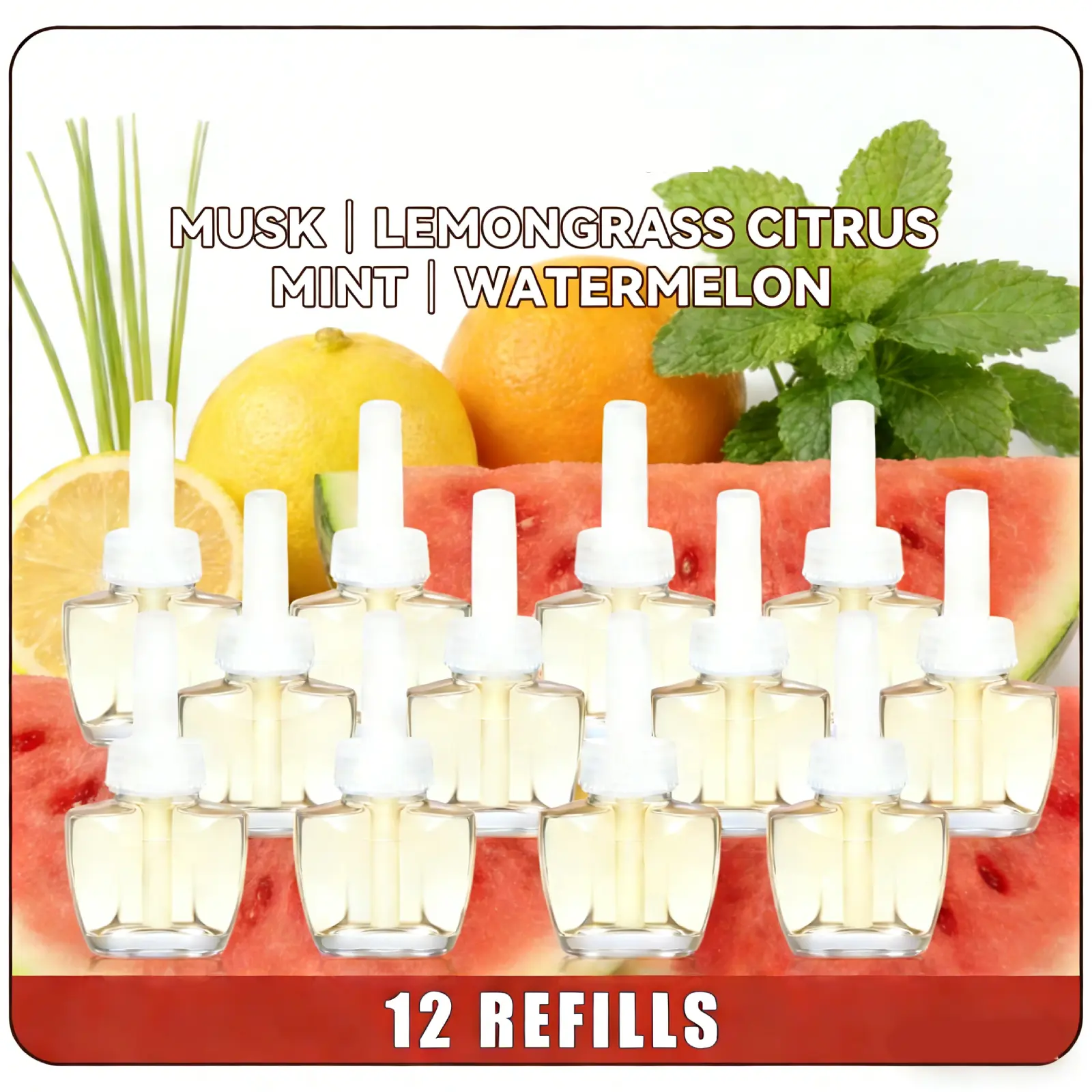 12-Pack Multi-Scented Plug-In Incense Refills - Long-Lasting Home Fragrance Products, Home Supplies for Indoors & Living Room, Warm Musk, Lemongrass Fresh, Citrus Mint Lift, Watermelon Scents, Compatible with Air Wick & Glade, Bedroom Unwind