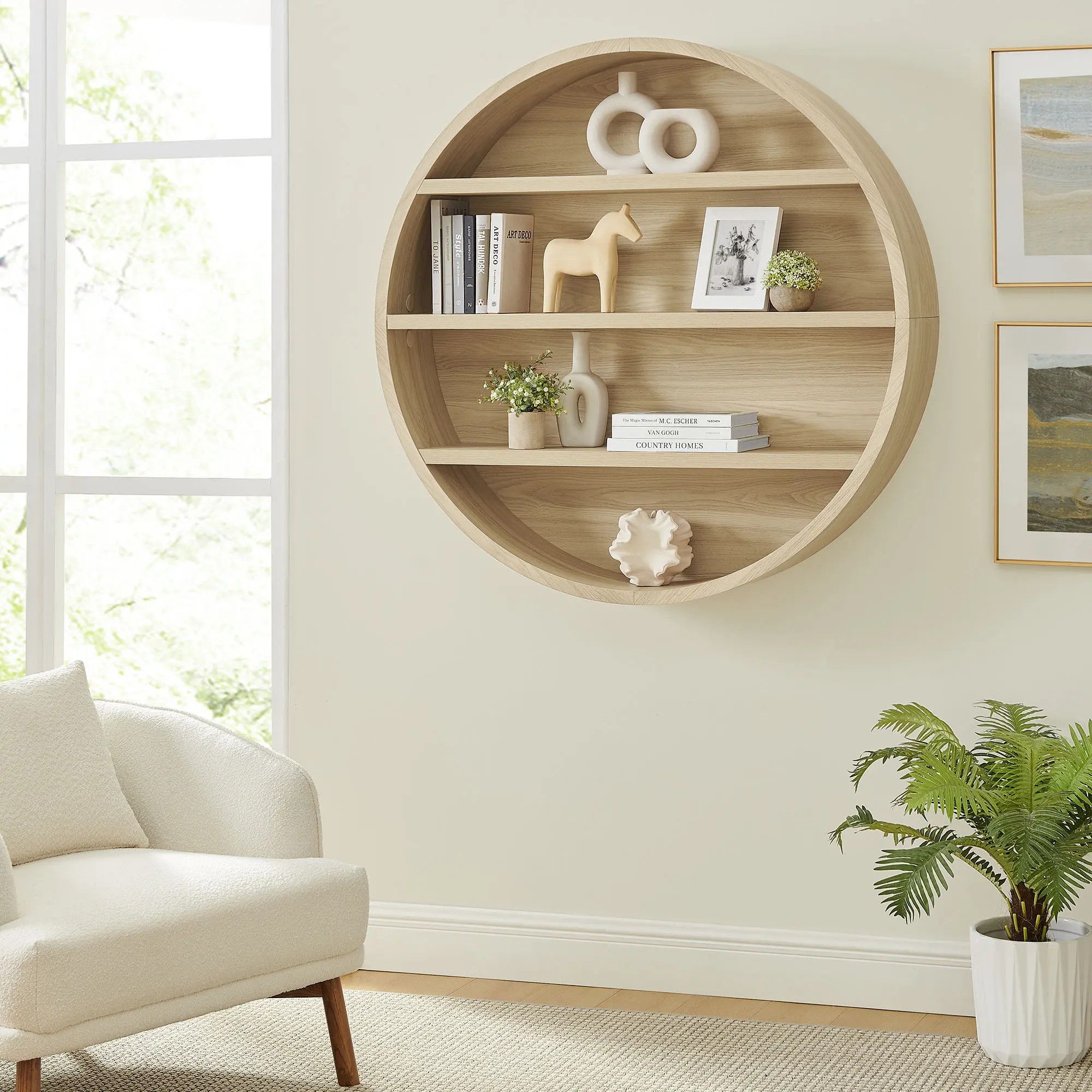 Romy 47" Round Wall Book Shelf in Natural