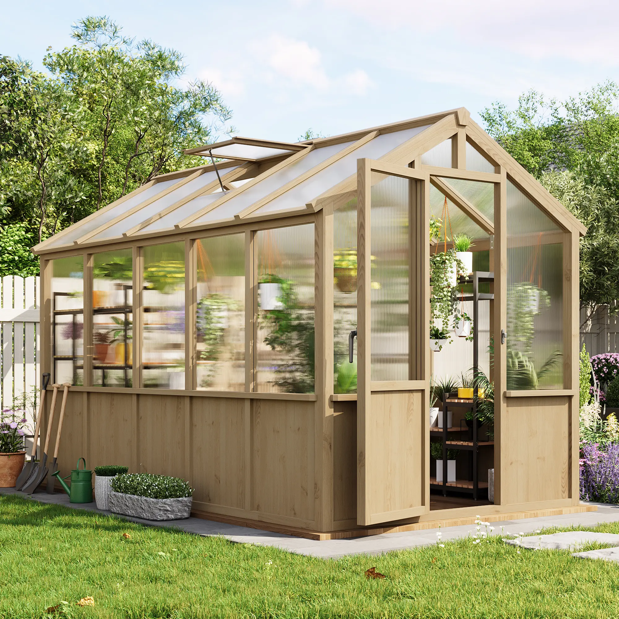 6x10 FT Walk-In Garden Greenhouse Kit, Heavy-Duty Spruce Wood Frame, PC Panels, Adjustable Outdoor Greenhouse Roof Vents, Lockable Door for Secure Access, Outdoor Backyard Storage
