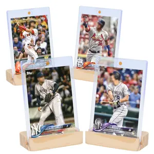 4Pack Magnetic Card Holders for Baseball Cards - Sports Card Protector with 4 Wooden Stands, 35pt Plastic Hard Card Sleeves Holder, Trading Card Display Stand for Graded Card, MTG, Sports and Game Cards