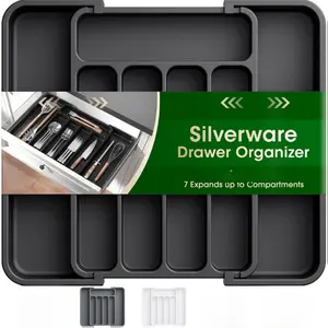 [New Deal] Silverware Organizer - Expandable Kitchen Drawer Organizer, Adjustable Utensil Organizer, Cutlery Drawer Organizer for Forks, Knives, Multipurpose Kitchen Organizers and Storage Solution, Black