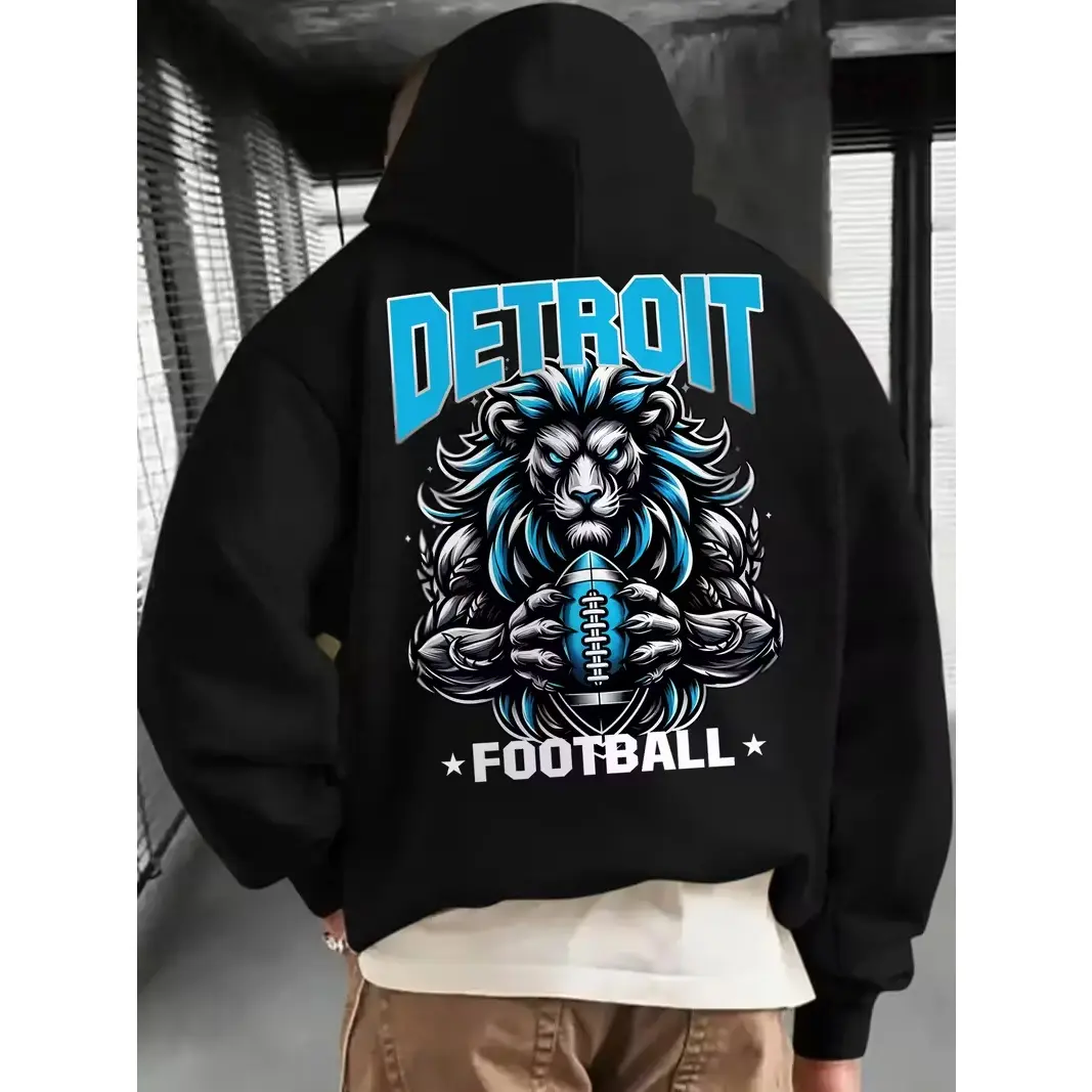 Creative Gifts, Gifts for Men, 1pc Detroit Football Creative Graphic Print Casual Hoodies, Suitable for Football Enthusiasts, Men'S Hoodie and Sweatshirt, New Stylish Printed Casual Pocket Hoodie, Thickened, Suitable for Autumn and Winter, Unisex.