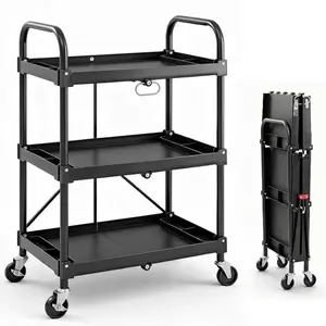 3-Tier Portable Utility Cart with Wheels, Heavy Duty Collapsible Cart for Home, Office, Kitchen and Storage,120LBS Capacity,Black