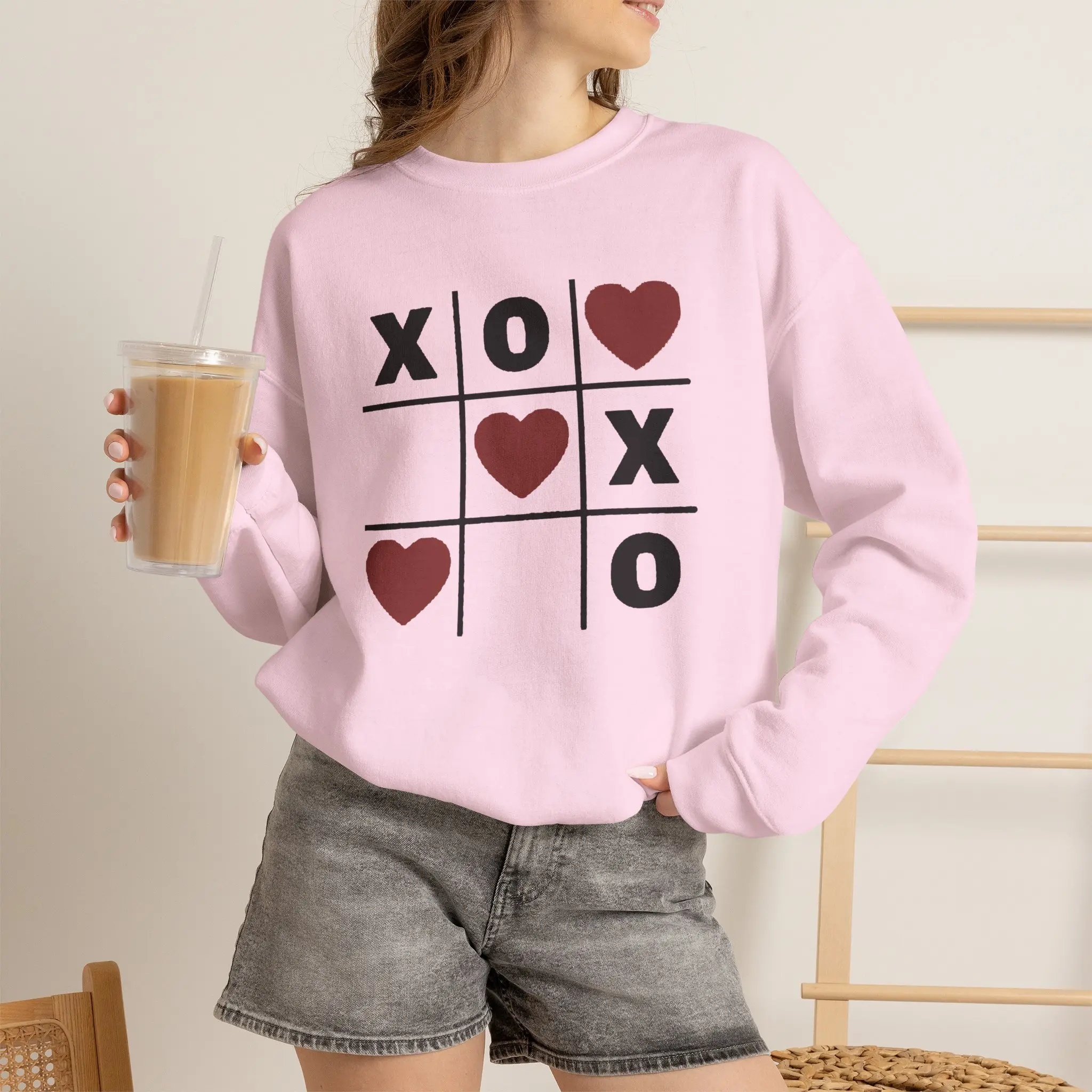 Men's Smooth Cotton-Blend Sweatshirt, Seamless Casual Round Neck Long Sleeve Pullover with X's and O's Graphic, Fabric, Soft, Tops, Valentines, Menswear, Jumper, Tubular, Fitted, Cotton-Poly, Seamless Body, Subtle Print