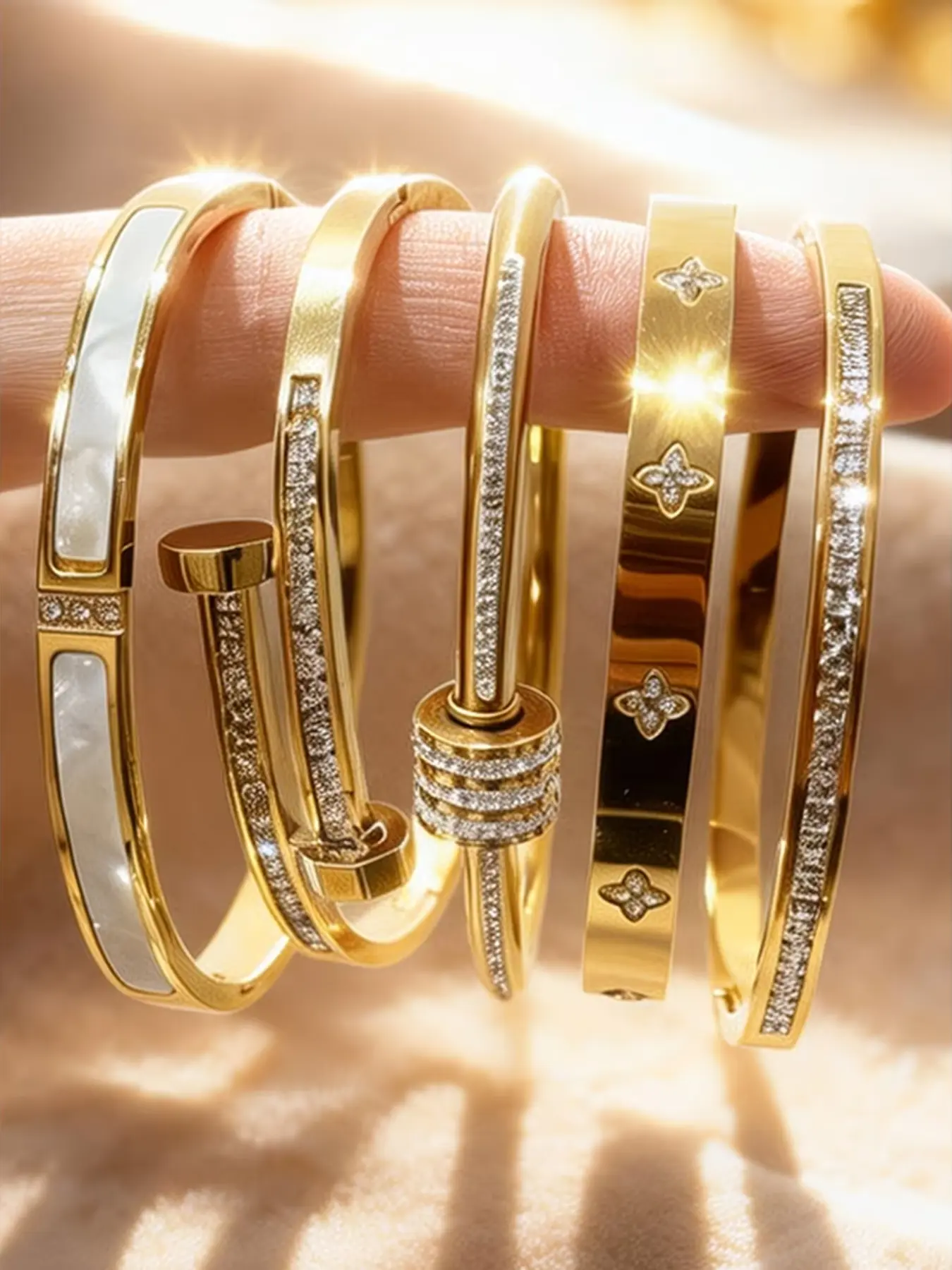Elegant 18k Gold Plated Women's Bracelet Set, Stackable Cubic Zirconia, Fashion Design, Daily Wear, Party, Valentine's Day Gift, Stackable Bracelets, Elegant Jewelry Bracelet