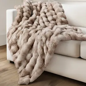 Faux Rabbit Fur Throw Blanket, Ultra Soft Fluffy Warm Decorative Blanket for Couch Sofa Bed, All-Season Cozy Blanket, Light Taupe