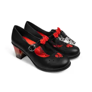 Hot Chocolate Design Mid Heels Melancholy Women's Mary Jane Pump with Romantic Heart & Rose Details Synthetic Upper Black Mesh Red Roses Polka-Dot Accents Vegan Comfortable Everyday Wear