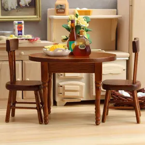 Maroon Wooden Table and Chairs 1:12 Dollhouse Miniature Furniture Set, Perfect Christmas New Year Gift Idea