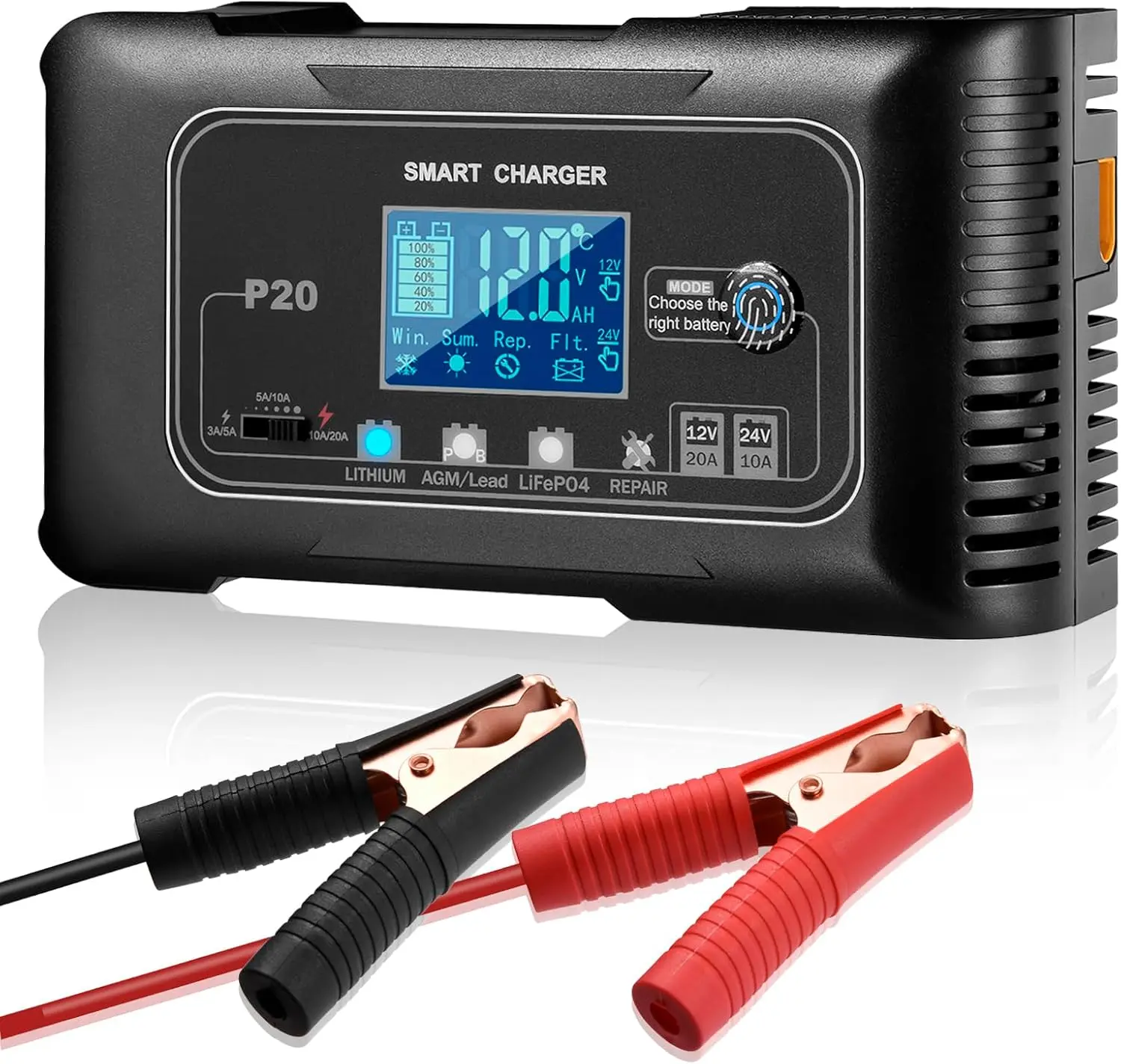 20A Smart Trickle Charger & Maintainer, 12V-24V AC Automotive Lithium Battery Repair Tool for LiFePO4, AGM, SLA, Gel, Wet, VRLA Batteries, Cars/Marine Vehicles, Smart Charger