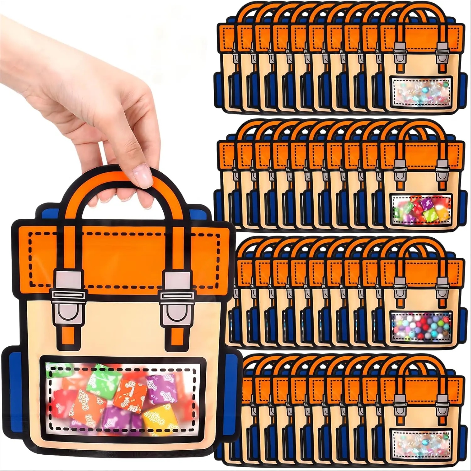 Orange School Bag Style Party Favor Bags for Kids, 40 Pcs Reusable Plastic Pouches with Zipper & Window for Baby Showers, Birthday Gift Bags