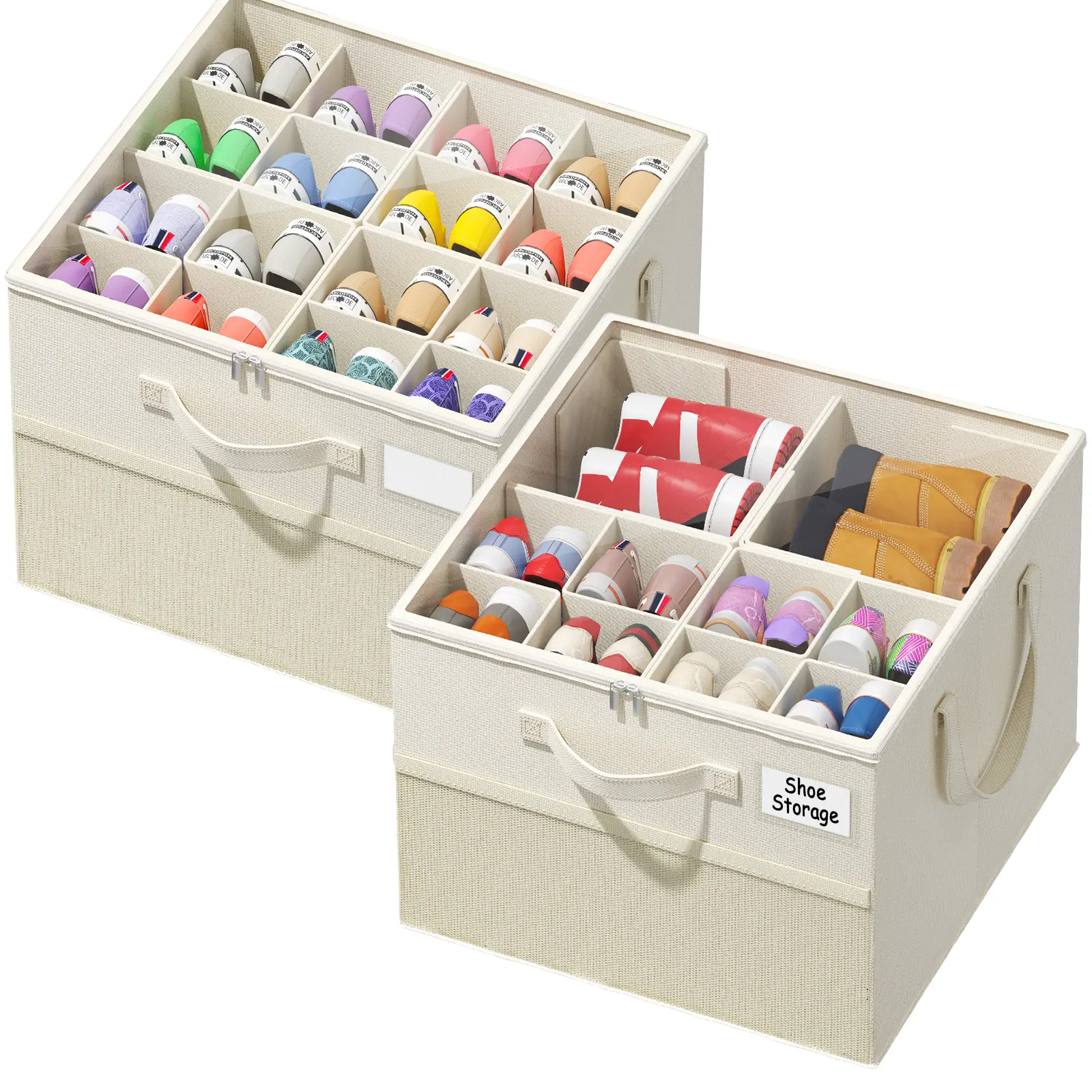 7CODE 2-Pack Fabric Shoe Organizer Boxes, Holds 32-64 Pairs Adjustable Shoe Storage with Dividers - Dustproof Breathable Closet Shoe Rack for Home, Dorm & Bedroom - Stackable Space-Saving Shoe Container for Sneakers, Heels & Boots, White