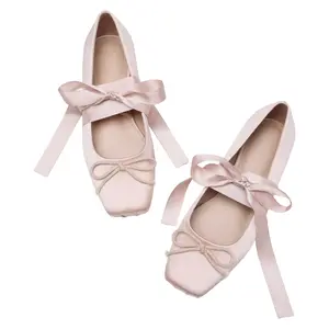 Women's Satin Ballet Flats Square Toe Bow Ballerina Slippers Lace Up Flat Shoes Strappy Mary Janes