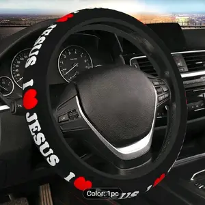 Christian Steering Wheel Cover I Love Jesus Design with Red Hearts Non-Slip Grip Neoprene Wheel Protector for 15 Inch Steering Wheels Compatible with Cars SUVs Trucks Religious Car Accessories for Men Birthday Christmas Gifts